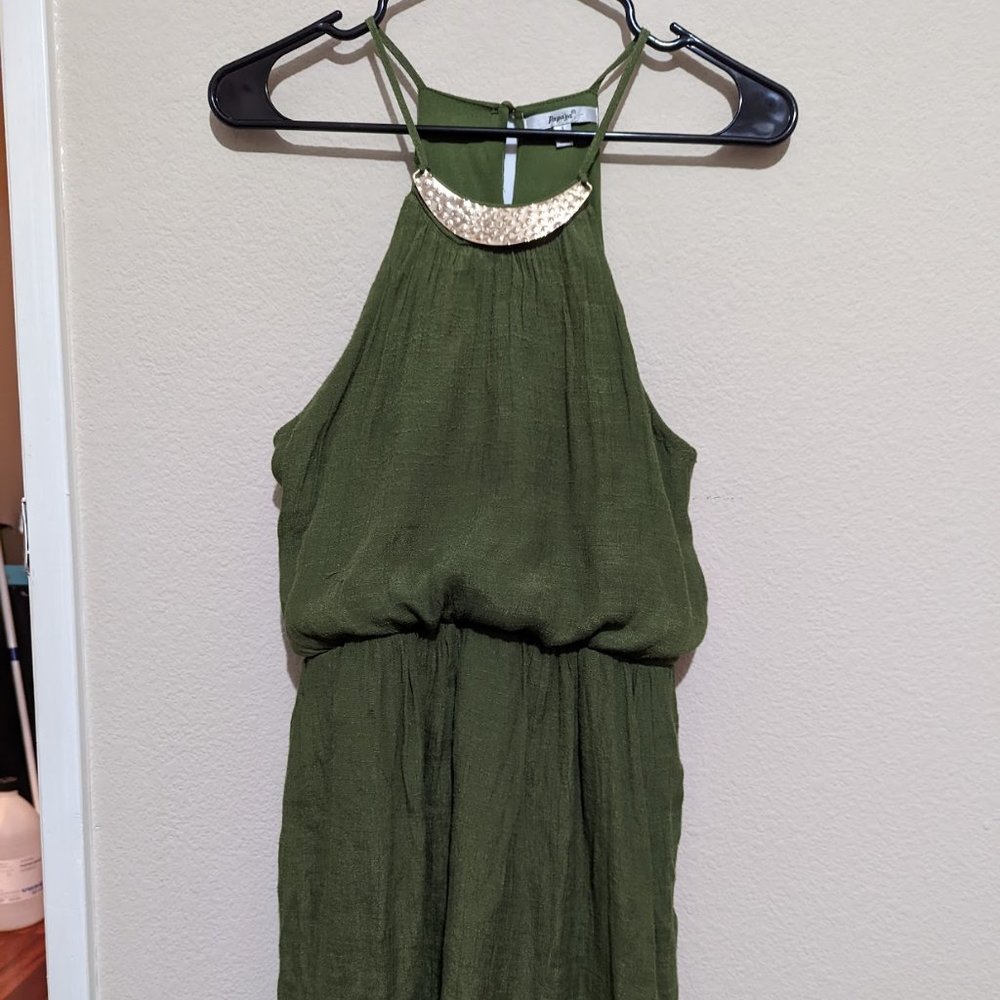 Green Dress with Gold Necklace Detailing